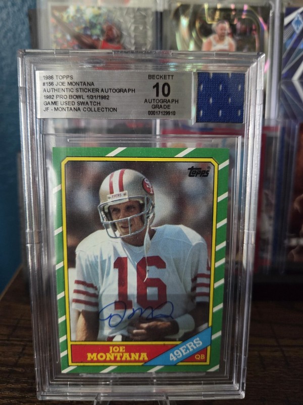 1986 Topps Joe Montana #156 Autographed Game Used Swatch BGS 10 Jersey Fusion