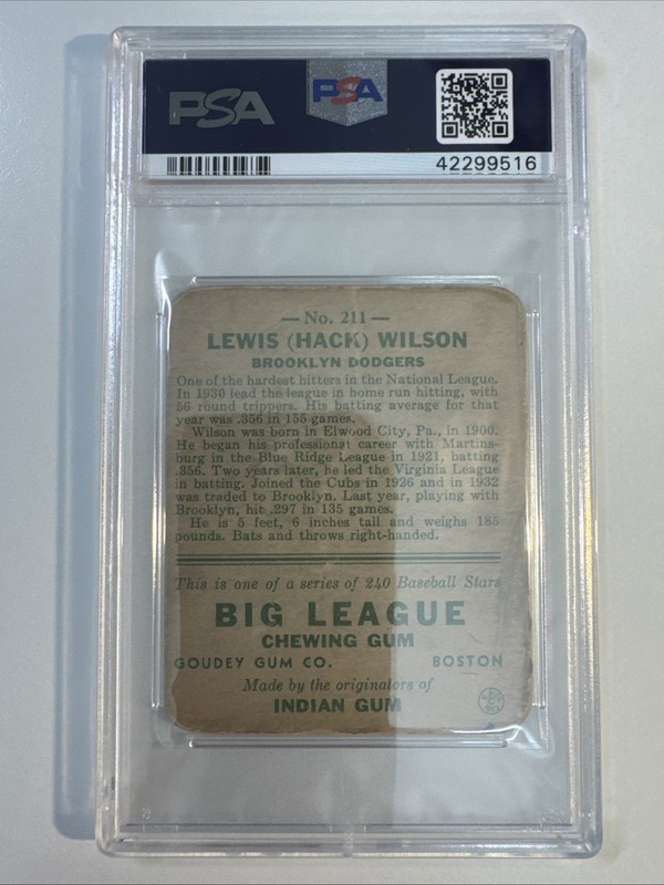 1933 Goudey R319 Lewis Hack Wilson #211 Rookie PSA 1 (MK) view 2