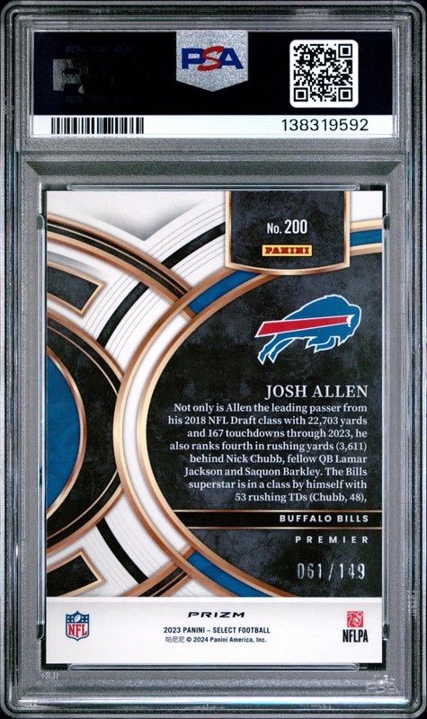 2023 Panini Select Josh Allen #200 PSA 10 Blue Checker /149 Bills Color Match view 2