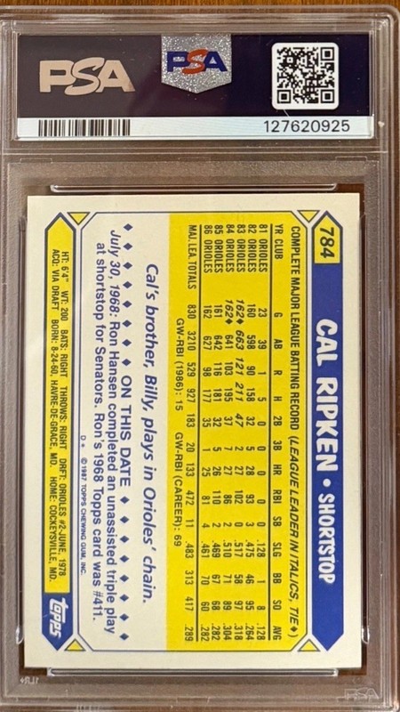 1987 Topps Tiffany #784 Cal Ripken, Jr. PSA 10 view 2