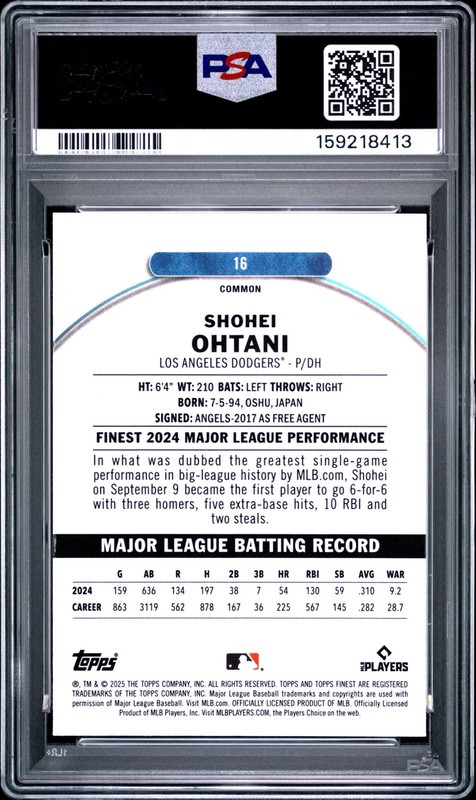 2025 TOPPS FINEST #16 SHOHEI OHTANI PSA 10 view 2