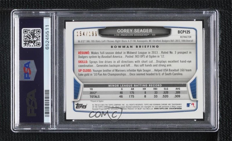 2013 Bowman Chrome Prospects Purple Refractor /199 Corey Seager PSA 9 MINT 8at view 2