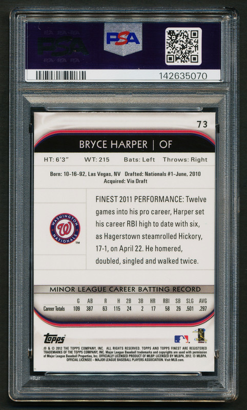 Bryce Harper 2012 Topps Finest Rookie RC #73 PSA 10 GEM MINT view 2