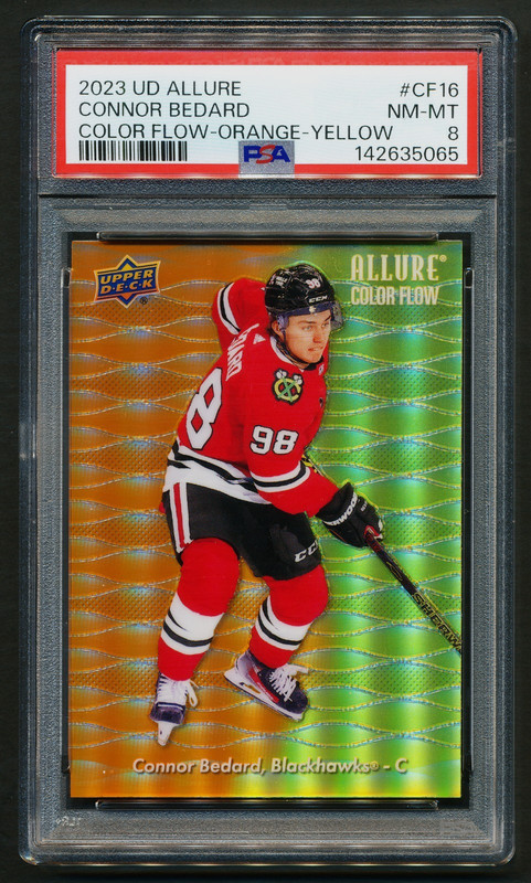 Connor Bedard 2023-24 Upper Deck Allure Color Flow Orange-Yellow Rookie RC PSA 8 view 1