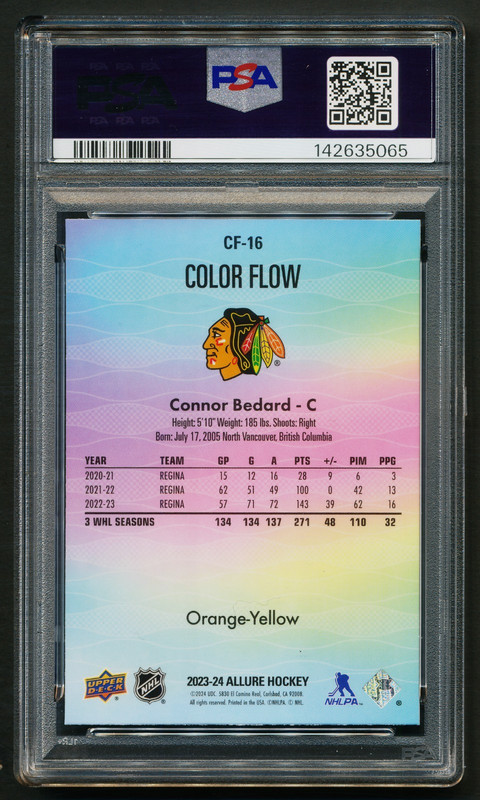 Connor Bedard 2023-24 Upper Deck Allure Color Flow Orange-Yellow Rookie RC PSA 8 view 2