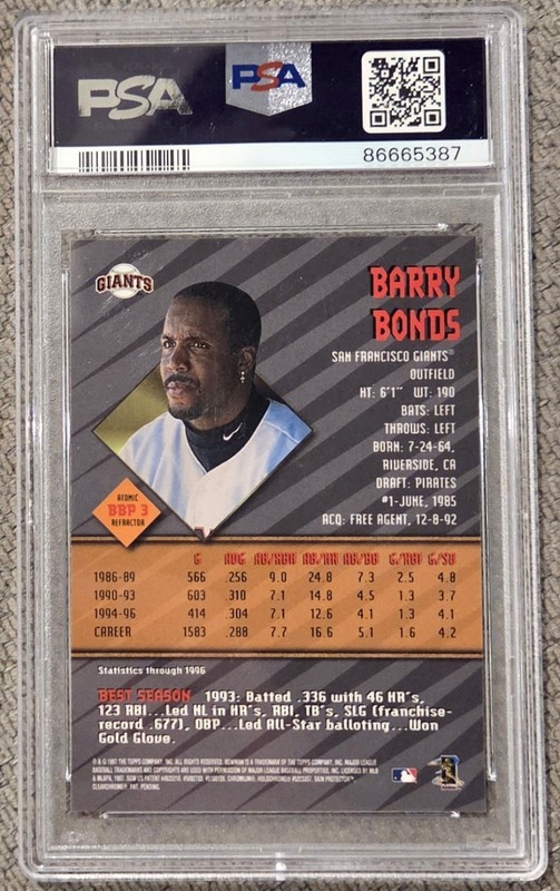 1997 BOWMANS BEST PREVIEW BARRY BONDS PSA 9 ATOMIC REFRACTOR #3 MINT LOW POP SP view 2