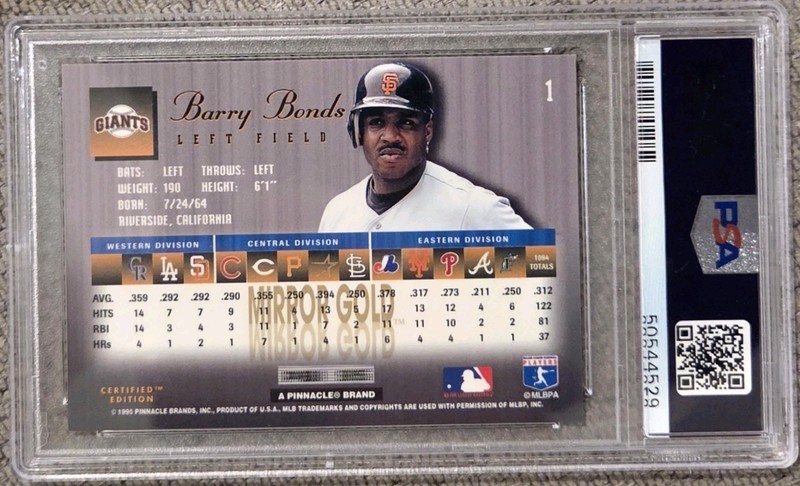 1995 Select Certified #1 Barry Bonds PSA 9 Mirror Gold Mint Rare Refractor  view 2