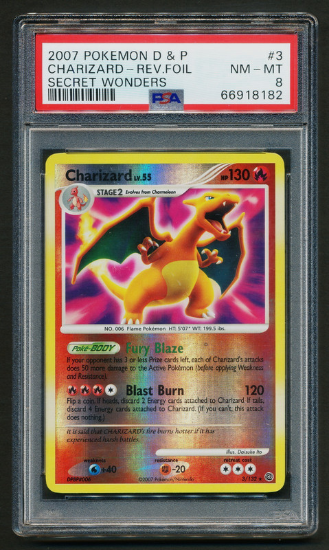 Charizard 3/132 Reverse Holo Rare Pokémon 2007 D&P Secret Wonders PSA 8 NM-MT