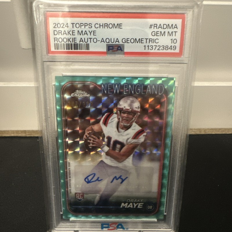 CHASER 🚨~ Drake Maye Topps Chrome Rookie Auto Aqua Geometric PSA 10 ~ CHASER