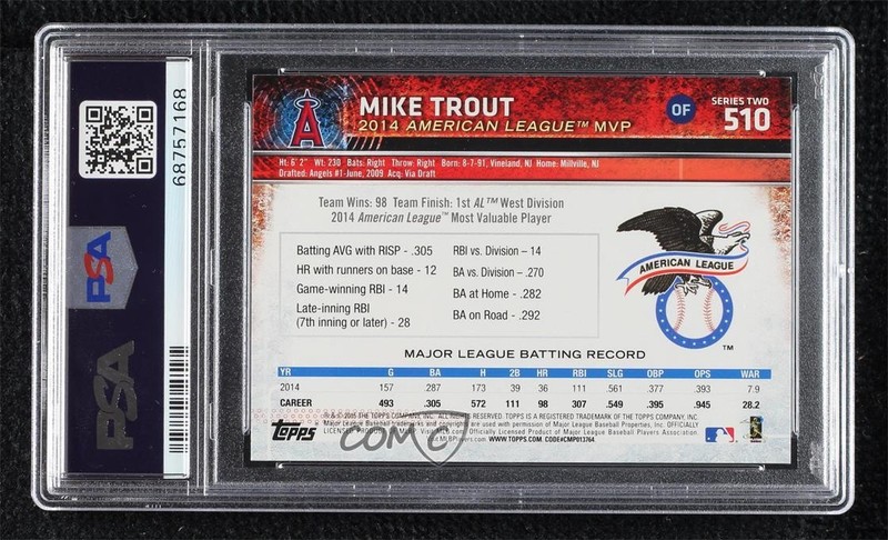 2015 Topps Award Winner Mike Trout #510 PSA 10 GEM MT 15r3 view 2