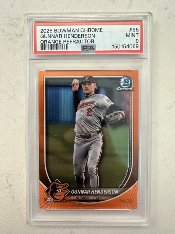 GUNNAR HENDERSON 2025 BOWMAN CHROME ORANGE REFRACTOR /25 #96 PSA 9