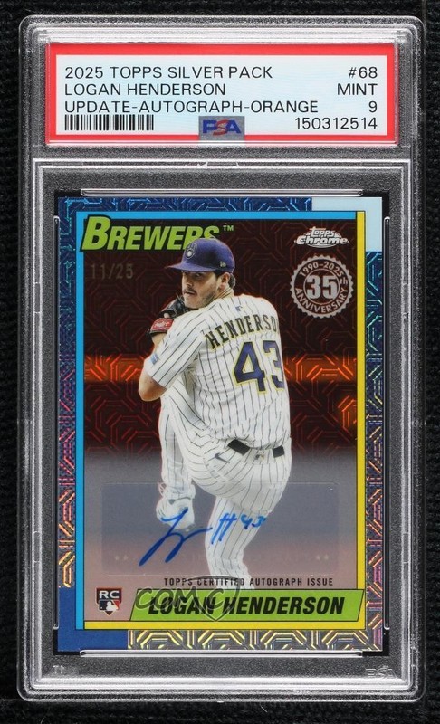 2025 Topps Update 1990 Orange Mojo 11/25 Logan Henderson PSA 9 Rookie Auto RC