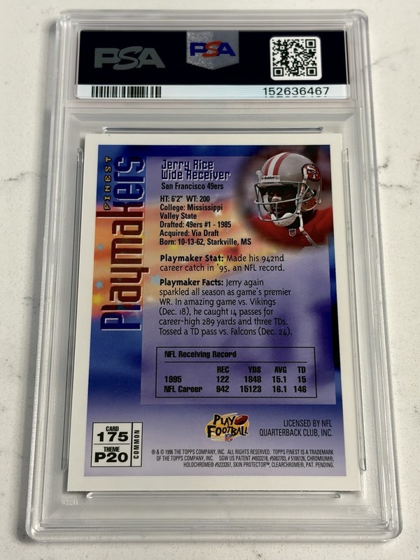 JERRY RICE 1996 FINEST W/COATING #175 PSA 9 MINT view 2