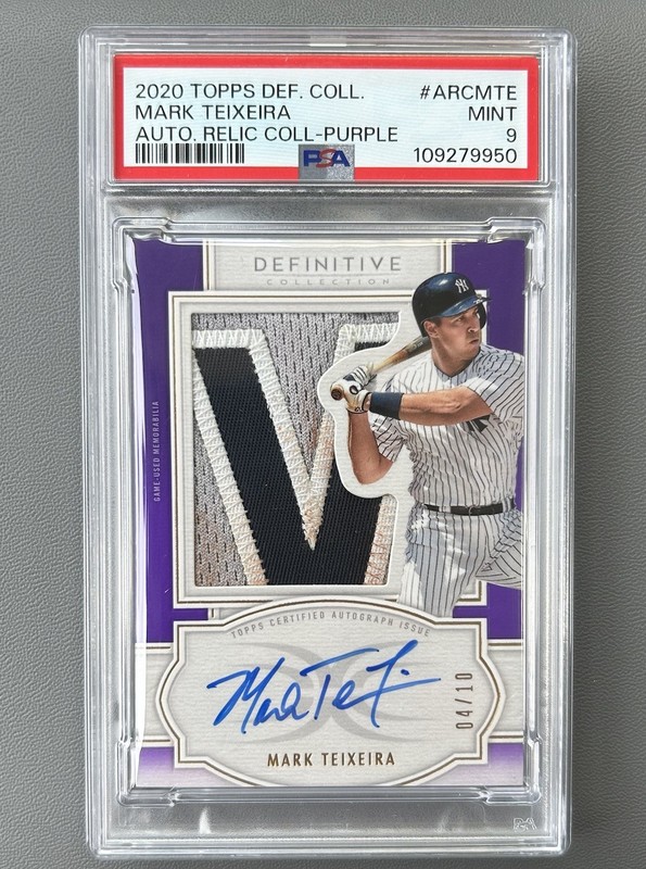 2020 Topps Definitive GAME USED DIRTY Patch Auto Purple /10 Mark Teixeira PSA 9