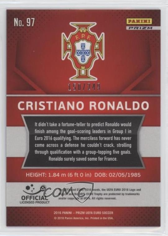 2016 Panini Prizm UEFA Euro Blue Prizm 150/249 Cristiano Ronaldo #97 s6t view 2