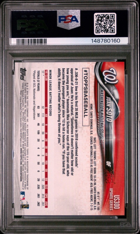 2018 Topps Update Series - Juan Soto #US300 Vertical, Blue Jersey PSA 10 view 2