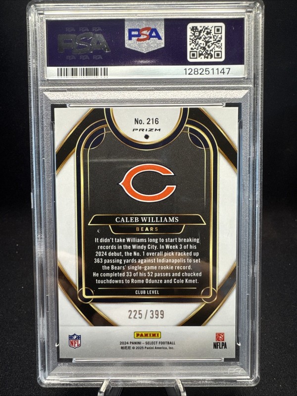 Caleb Williams 2024 Panini Select Orange Shock /399 Rookie RC PSA 10 Club Level view 2