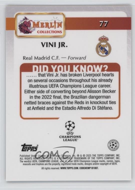 2024 Topps Merlin UEFA Club Competitions 30/50 Vinicius Junior Vini Jr #77 9et view 2