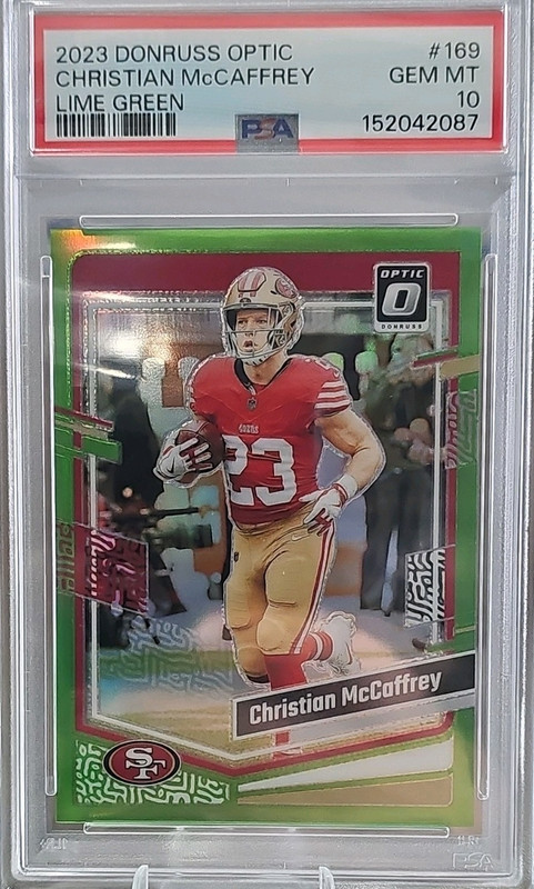 Panini 2023 Donruss Optic Christian McCaffrey Lime Green #169 /20 PSA 10 49ers