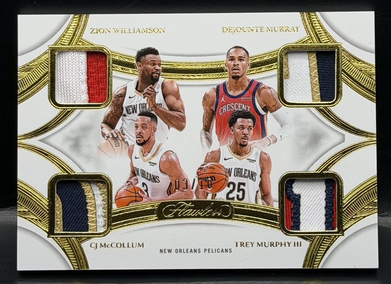 2024-25 Flawless Quad Patches Gold 3/10=1/1 Zion CJ DeJounte Trey Game-Worn