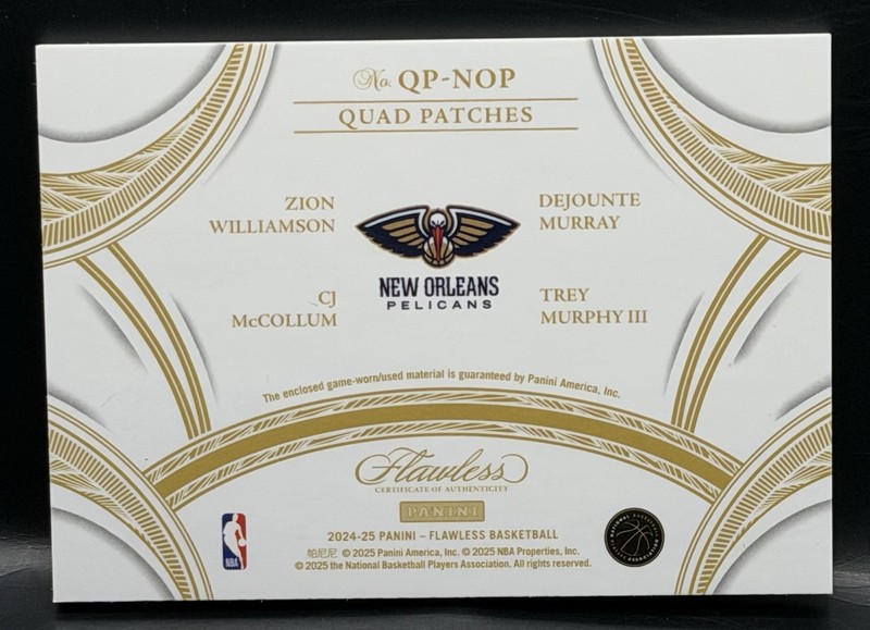 2024-25 Flawless Quad Patches Gold 3/10=1/1 Zion CJ DeJounte Trey Game-Worn view 2