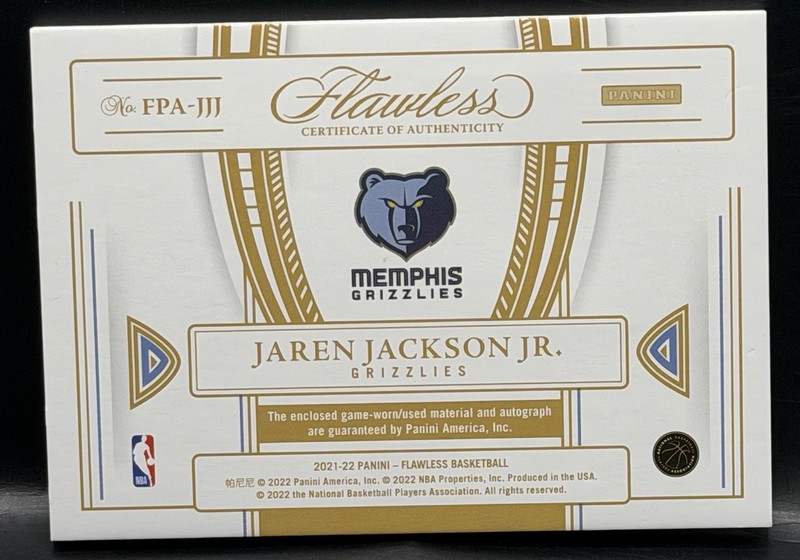 2021-22 Panini Flawless Jaren Jackson Jr Game-Worn Patch Auto Emerald 2/5 view 2