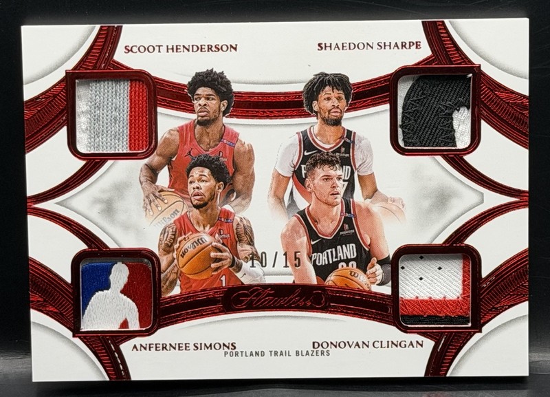 2024-25 Flawless Quad Patches Ruby /15 Scoot Sharpe Clingan RC Simons LogoMan GU