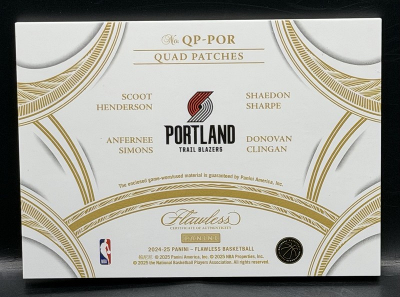 2024-25 Flawless Quad Patches Ruby /15 Scoot Sharpe Clingan RC Simons LogoMan GU view 2