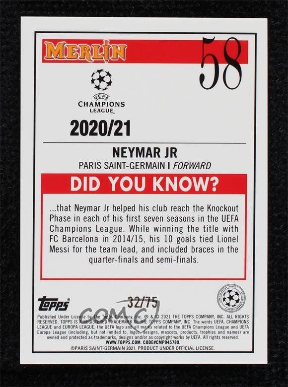 2020-21 Topps Merlin Collection Chrome UEFA Champions League 32/75 Neymar Jr 7y2 view 2