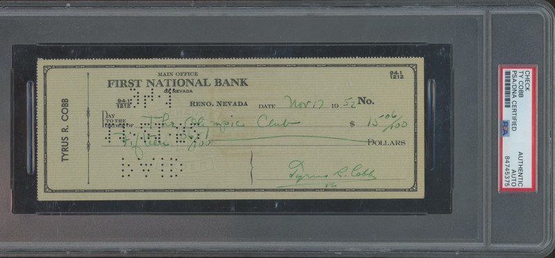1952 Check Ty Cobb Autograph PSA DNA Authentic Auto