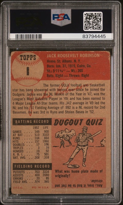 1953 Topps #1 Jackie Robinson Dodgers PSA 1 view 2