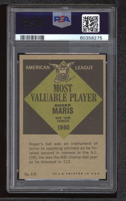 PSA 5 1961 Topps #478 ROGER MARIS MVP Graded Vintage Yankees Baseball Card HOF view 2