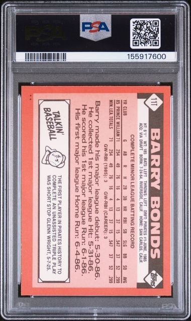 1986 Topps Traded #11T Barry Bonds RC Rookie Pittsburgh Pirates HOF PSA 5 EX view 2