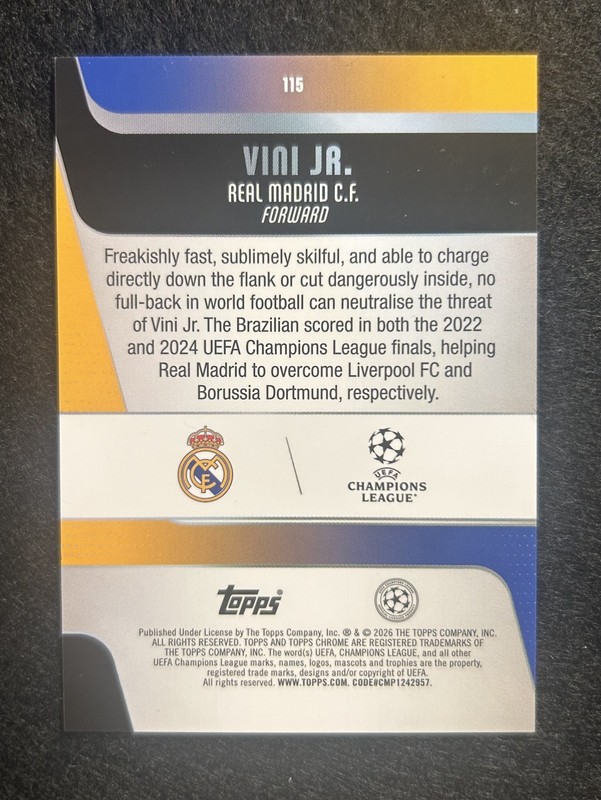 2025-26 Topps Chrome UCL Vinicius Jr /75 Real Madrid Brazil UCC SSP view 2