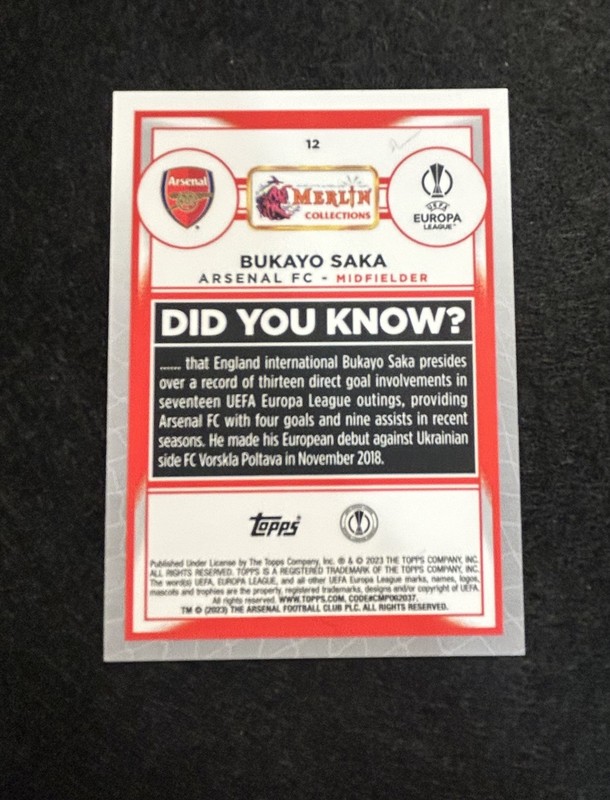 2022-23 Topps Merlin Chrome UEFA Soccer Bukayo Saka Aqua 125/199 #12 Arsenal view 2