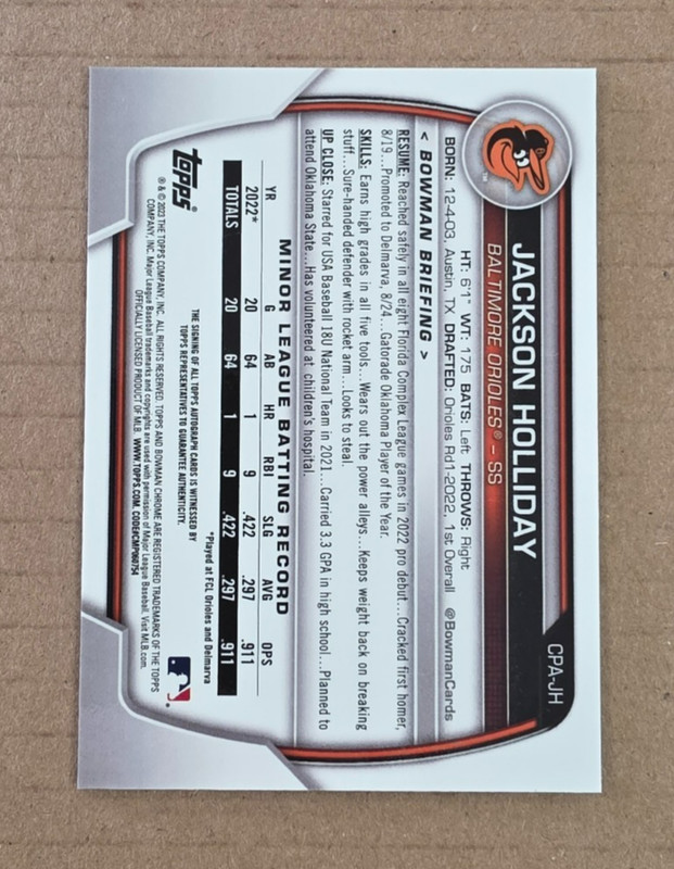 2023 Bowman Chrome Baseball Jackson Holliday Prospect Auto Card #CPA-JH view 2