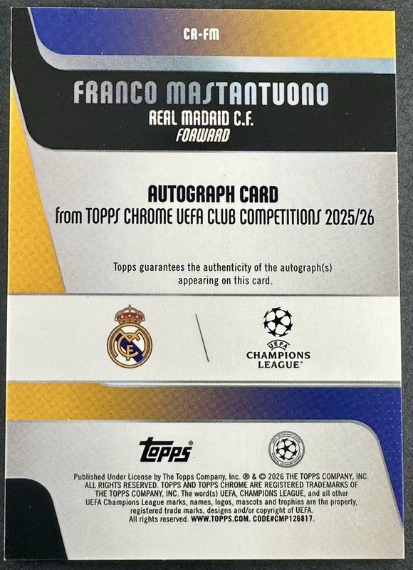2025 Topps Chrome UEFA Franco Mastantuono Aqua Rookie Auto 131/199 view 2