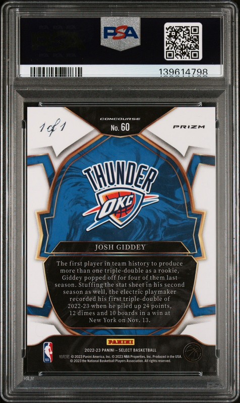 2022 Panini Select Josh Giddey Black Prizm 1/1 Concourse #60 PSA 9 OKC Thunder view 2