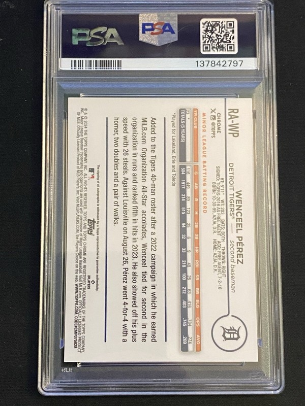 2024 Topps Chrome Update Wenceel Perez Gold Refractor Auto /50 PSA 9 view 2