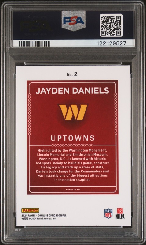 2024 PANINI DONRUSS OPTIC UPTOWNS JAYDEN DANIELS ROOKIE RC COMMANDERS PSA 10 🔥 view 2