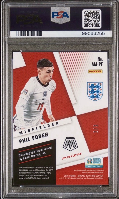 2021 Mosaic UEFA Phil Foden PSA 9 Blue Fluorescent Prizm Autograph SSP #2/3 Auto view 2