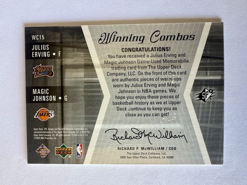 2003-04 Upper Deck SPx Magic Johnson & Julius Erving Game-Used Jersey Card #WC15 view 2