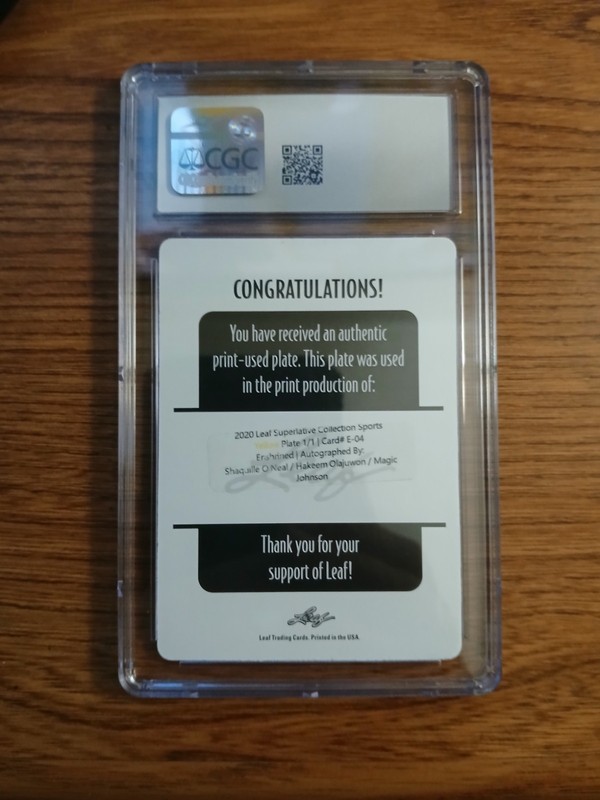2020 Leaf Yellow Printing Plate 1/1 O'Neal/Olajuwon/Johnson Triple Auto CGC 8  view 2