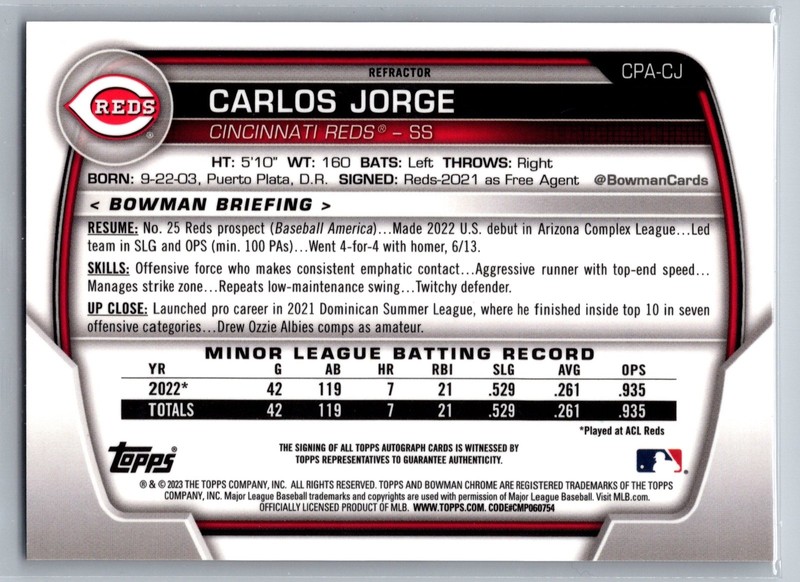2023 Bowman Chrome Carlos Jorge 1st Refractor Auto /499 Cincinnati Reds view 2