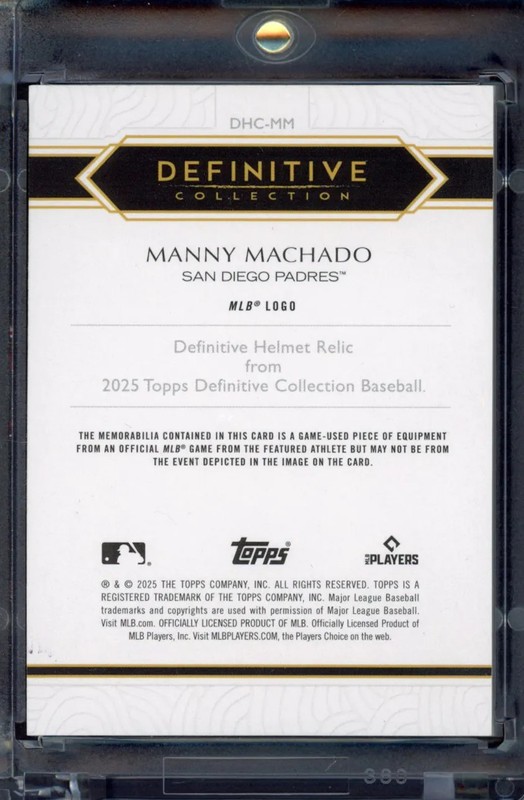 2025 Topps Definitive Collection Manny Machado Game-Used Helmet Logoman 1/1 view 2