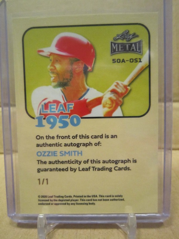 Ozzie Smith 2026 Leaf Metal "1950" Auto 50A-OS1 Purple Shimmer 1/1 view 2
