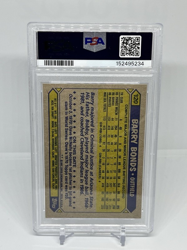 1987 Topps BARRY BONDS (RC) #320 PSA 9 Mint view 2