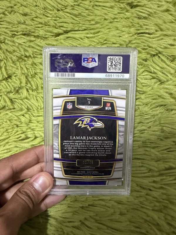 2021 Panini Select Lamar Jackson #5 Purple Prizm /75 PSA 9 view 2