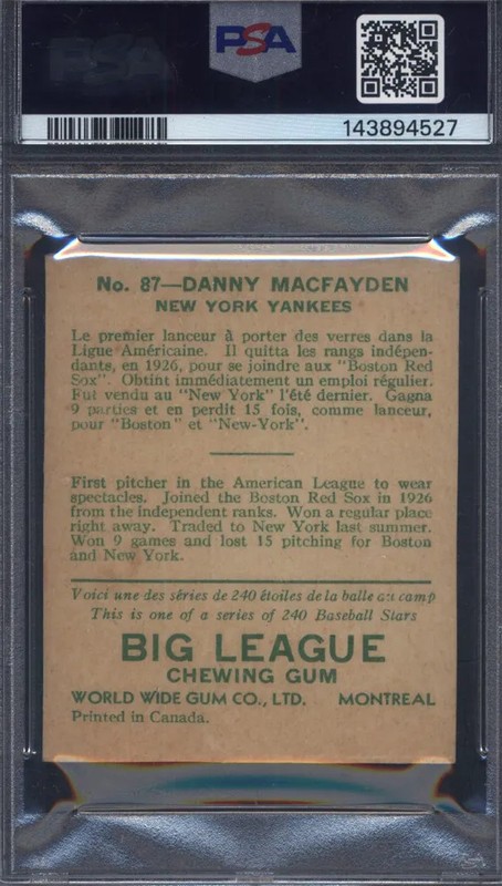 1933 Goudey World Wide Gum #87 Danny Macfayden Yankees PSA 5 view 2