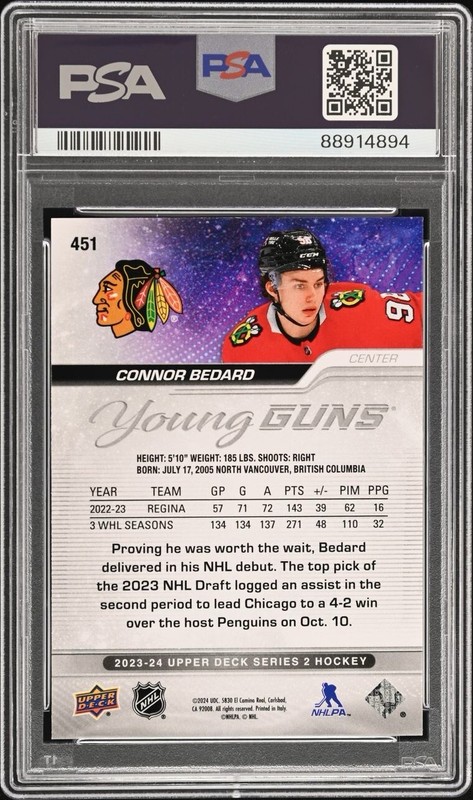 2023-24 Upper Deck Series 2 Connor Bedard Young Guns PSA 10 - Chicago Blackhawks view 2
